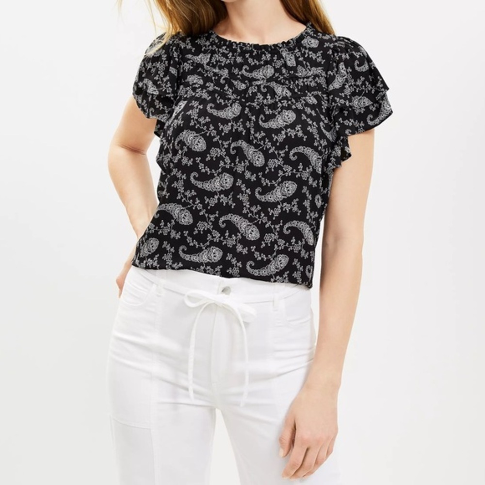 LOFT Paisley Ruched Flutter Sleeve Mixed Media Top Lightweight Chiffon